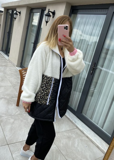 Kapitoneli Leopar Detay Fermuarlı Peluş Mont/Sweat