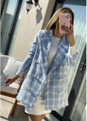 BEBE MAVİ  BEYAZ RENK GEÇİŞLİ KARELİ TUVİD BLAZER