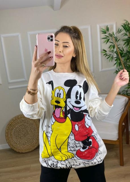 Ekru Mickey Mouse Baskılı Sweat