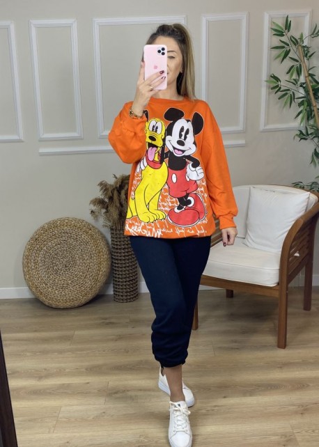 Orange Mickey Mouse Baskılı Sweat