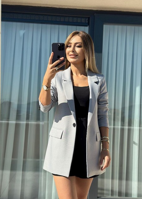 Gri Tek Düğme Yün Efekt Blazer Ceket