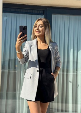 Gri Tek Düğme Yün Efekt Blazer Ceket