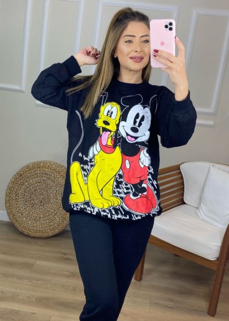 Siyah Mickey Mouse Baskılı Sweat