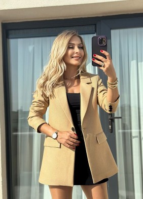 Camel Tek Düğme Yün Efekt Blazer Ceket