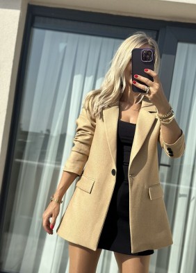 Camel Tek Düğme Yün Efekt Blazer Ceket